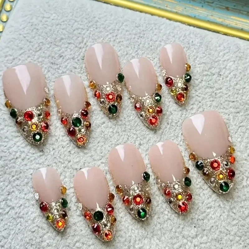 

high-end Light luxury short noble full drill French handmade fake nails, Color diamond short Lady French short Spring summer