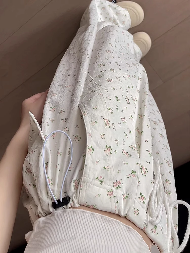 

Floral Workwear Pants Women Summer High Waist Loose Casual Wide Leg American Retro White Sports Pants Korean Style Long Pants