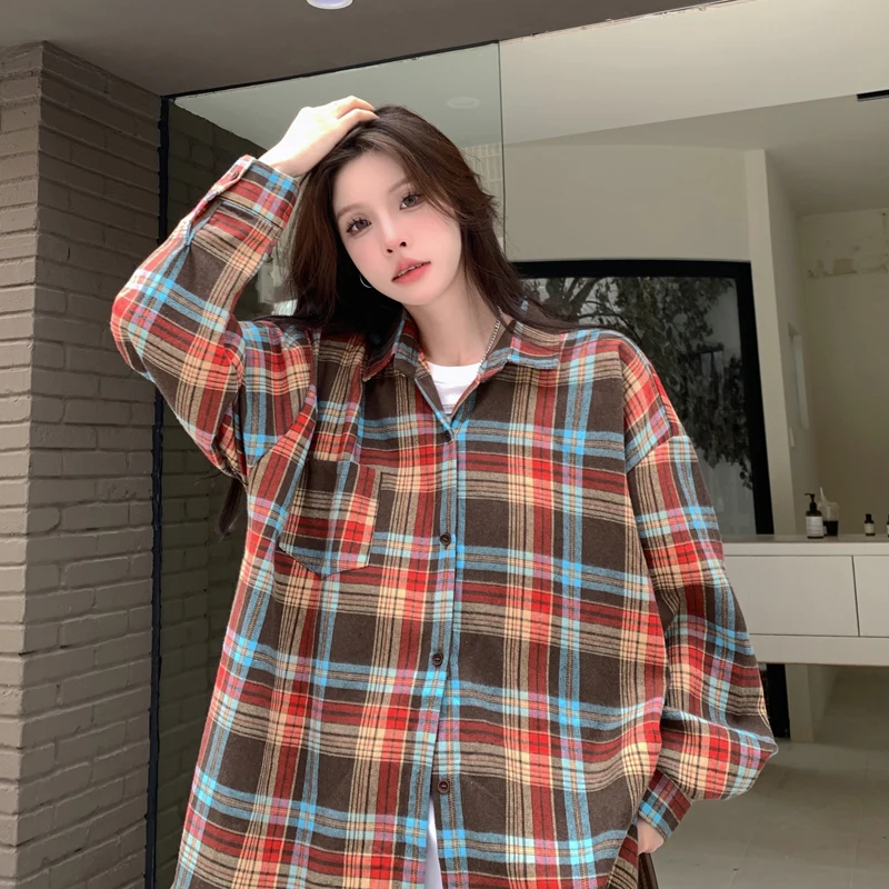 Plaid Shirts Women Casual All-match Contrast Color American Retro Streetwear Long Sleeve Hotsweet Aesthetic Popular Summer Daily