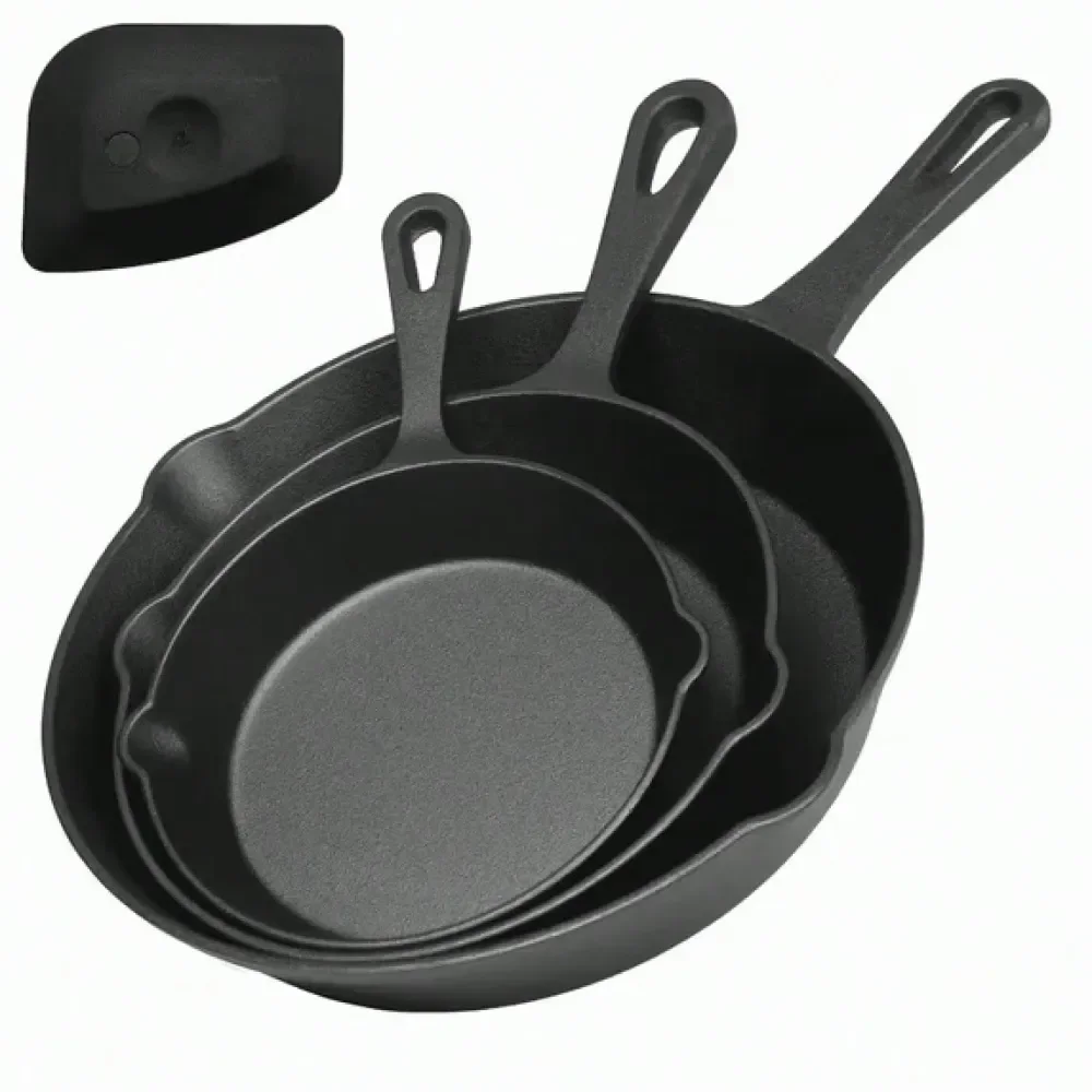 

3Piece, Cast Iron Modern Style Skillet Set, NonStick, With Scraper, Indoor Outdoor Use, Black, HeatResistant