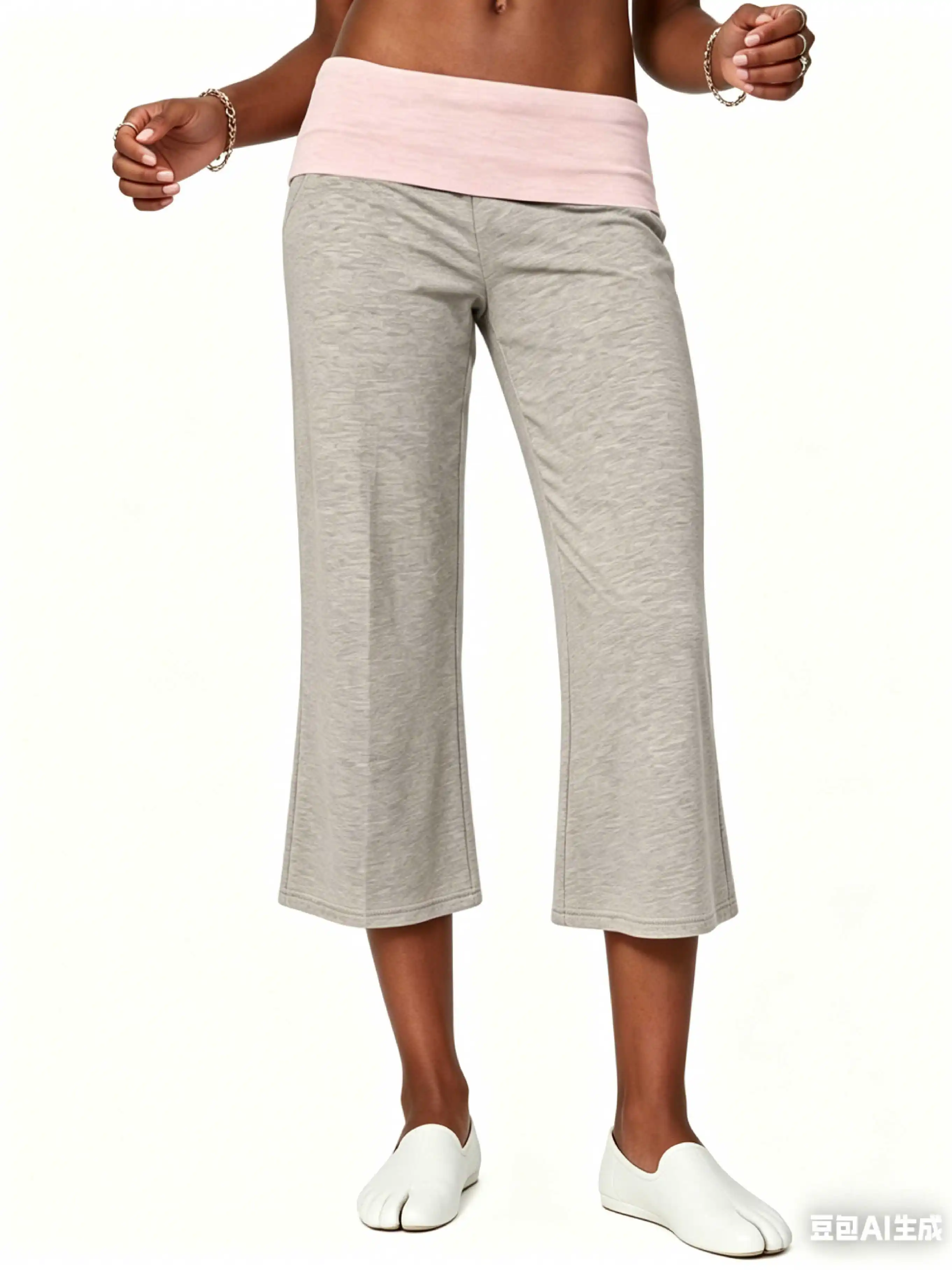 Fashion Women’s Capri Pants Fold Over Waistband Stripes/Contrast Color Gaucho Flare Pants Comfy Trousers
