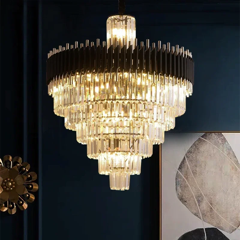 

Modern luxury crystal chandelier high-quality black crystal glossled pendant light hotel home decoration living room lighting