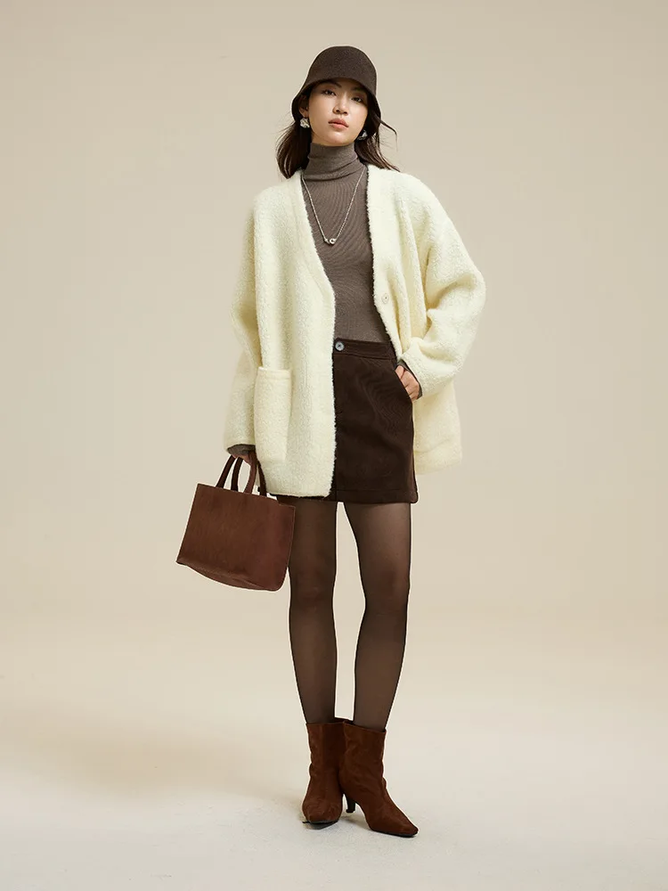 Winsleter-100%ウール エレガント セーターコート、Vネック ポケットボタン、レディースファッション 多用途 厚手カーディガン、2025年秋 C5N448CC