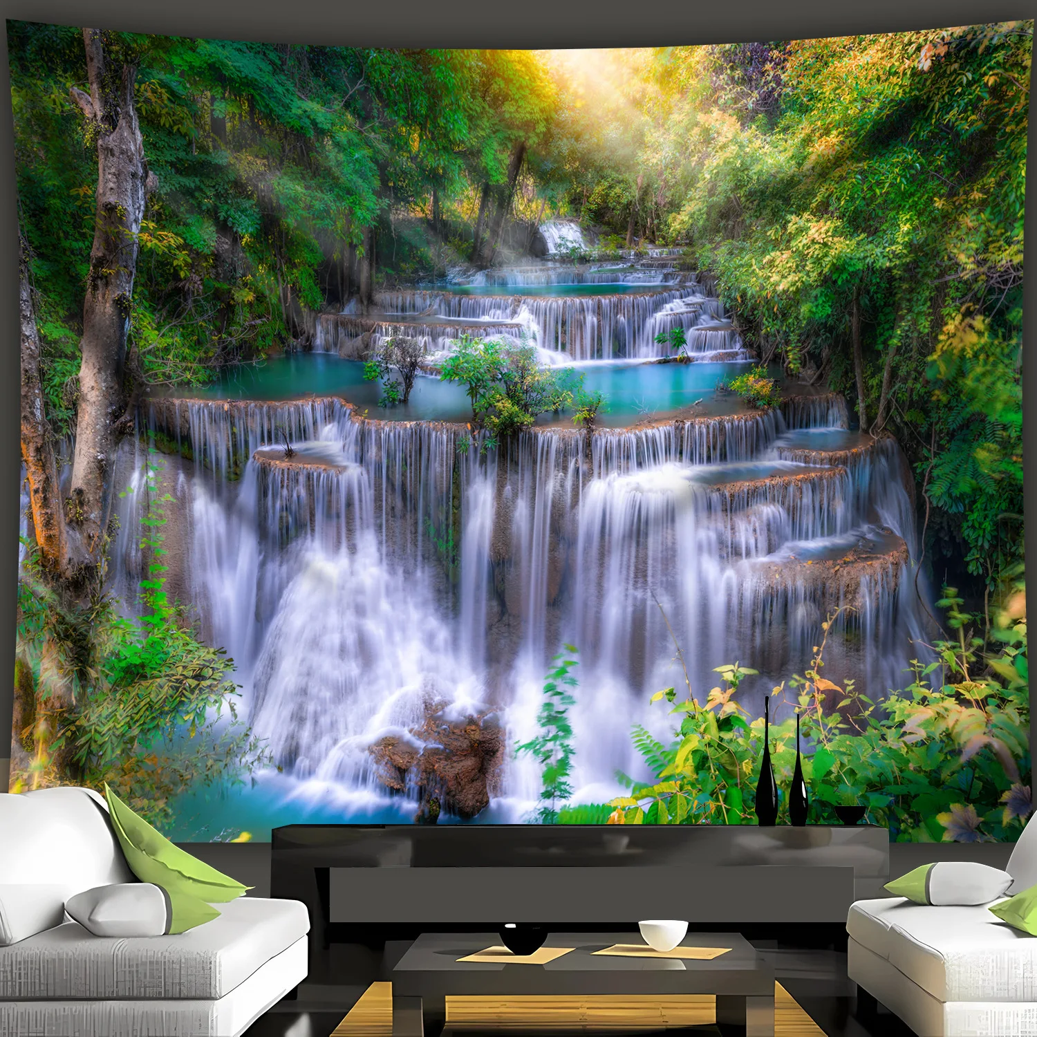 1pc - Large-Scale, Vibrant Forest Waterfall Tapestry, Polyester Wall Art with Sunlit Cascade & Lush Greenery, Perfect for Living