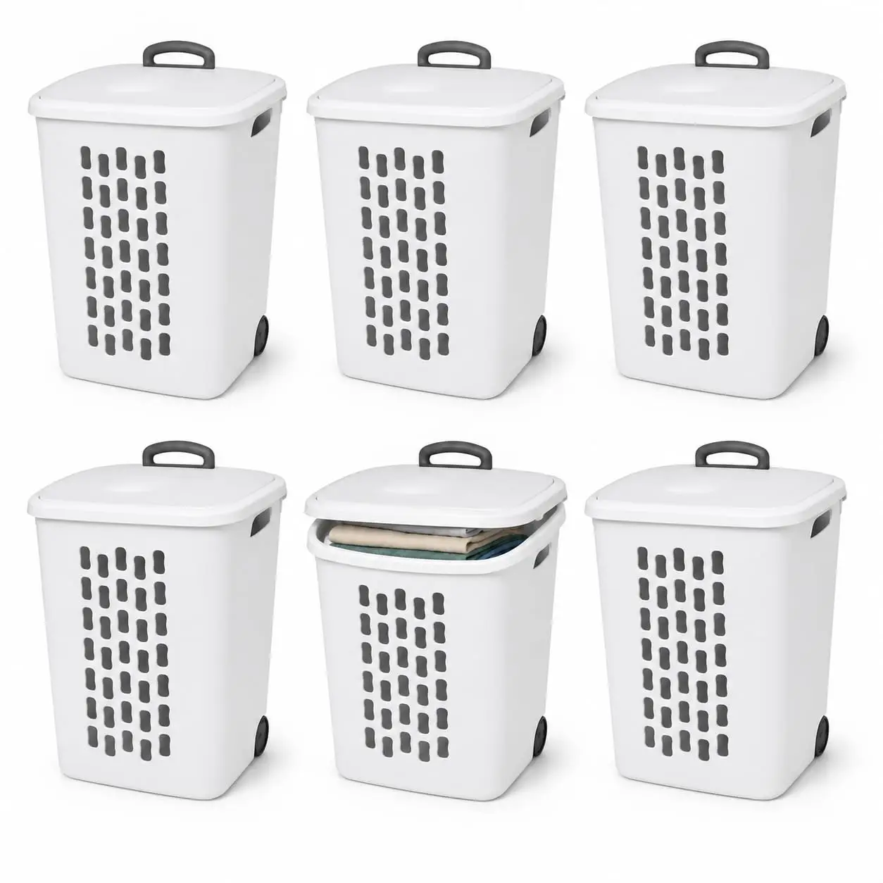 6 Pack Rolling Laundry Hampers with Flip-Top Lid,Plastic Clothes Baskets on Wheels with Retractable Handle and Ventilated Design