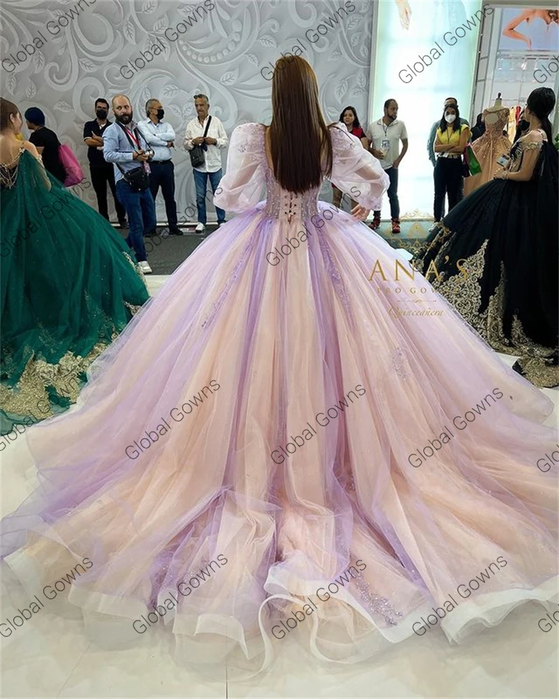 أرجواني أرجواني عنق مربع فستاين سهرة/فساتين الحفلات كم فانوس فستان Quinceanera زينة حفلة عيد ميلاد ثوب مطرز Vestido De 15 Anos