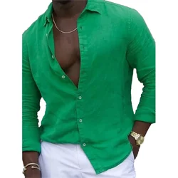 Camisa casual manga longa masculina, blusa solta, colarinho de banda, com botão baixo, tops para férias, verde, branco, rosa, azul claro