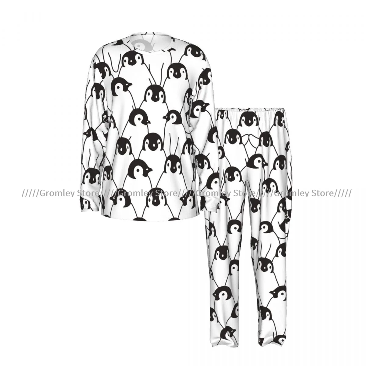 Men's Long Sleeve Long Pants Pajama Set Cute Penguin Pattern Casual Loungewear and Sleepwear for Home