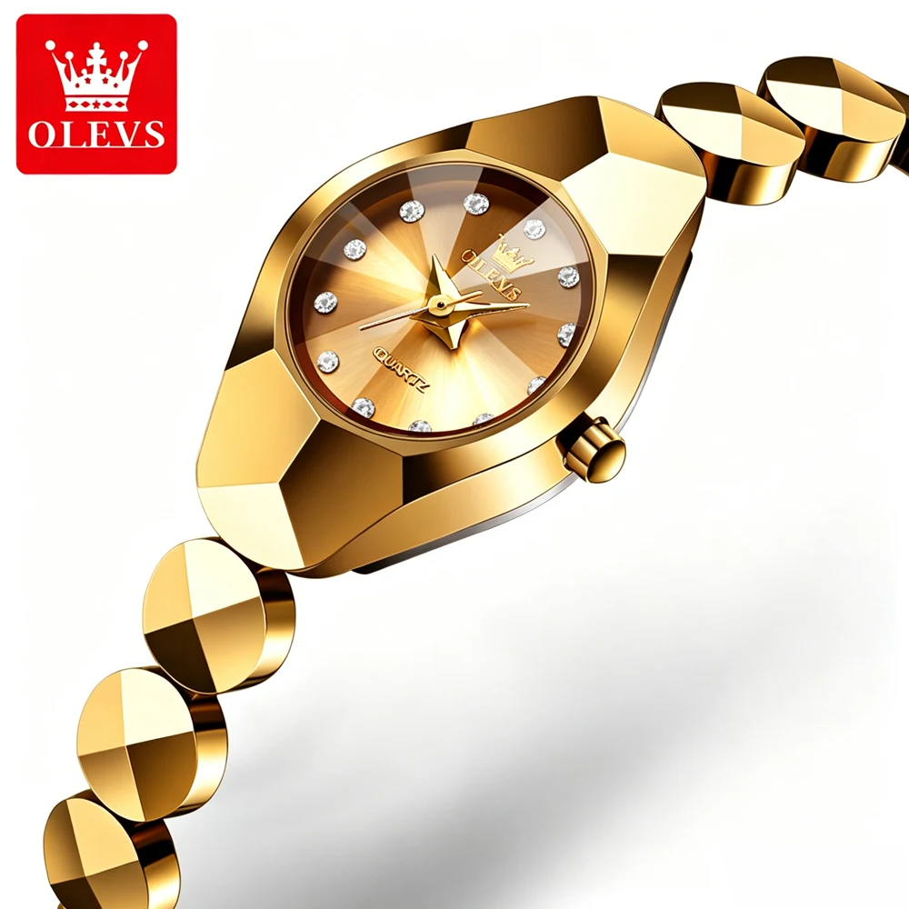 OLEVS Gold Rhombus Tungsten Watch For Women Diamond Small Dial Waterproof Quartz Elegant Ladies Bracelet Clock Relogio