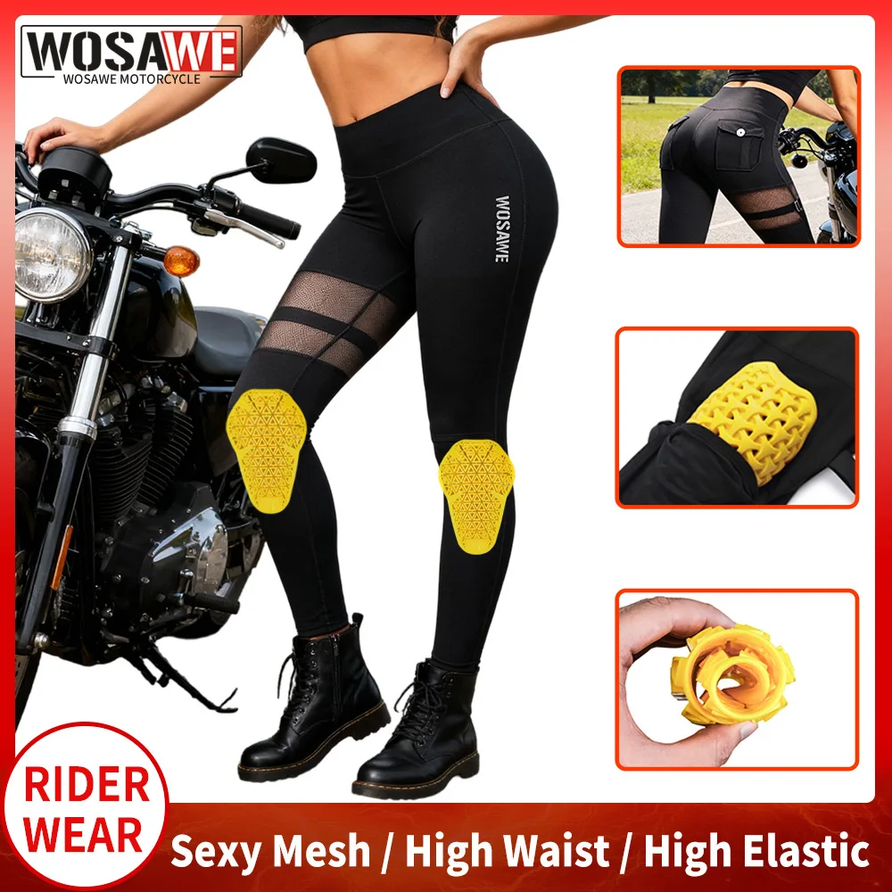 

WOSAWE Women Motorcycle Pants with Knee Pads High Waist Yoga Leggings Sexy Breathable Mesh Design Tights Motocross Streetwear