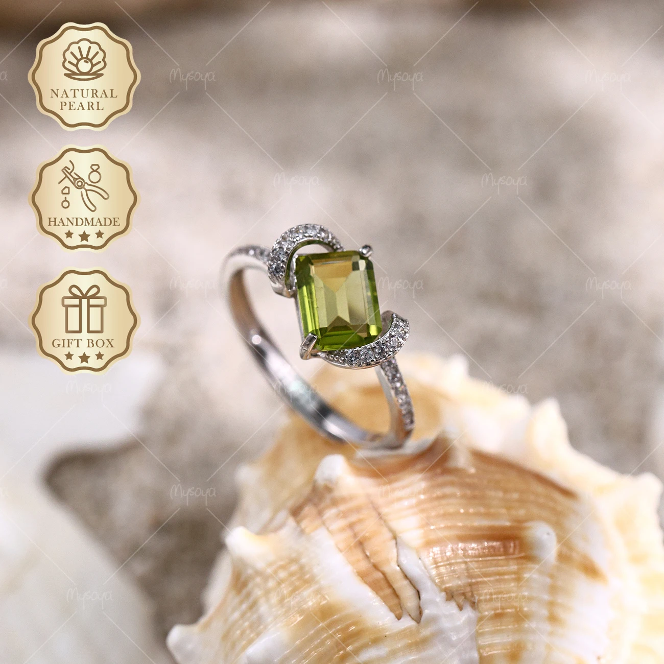 MYSOYA Ribbon Ring with Natural Peridot, 6×8mm Peridot 1.20ct, Gift Box Included, August Birthstone SC08