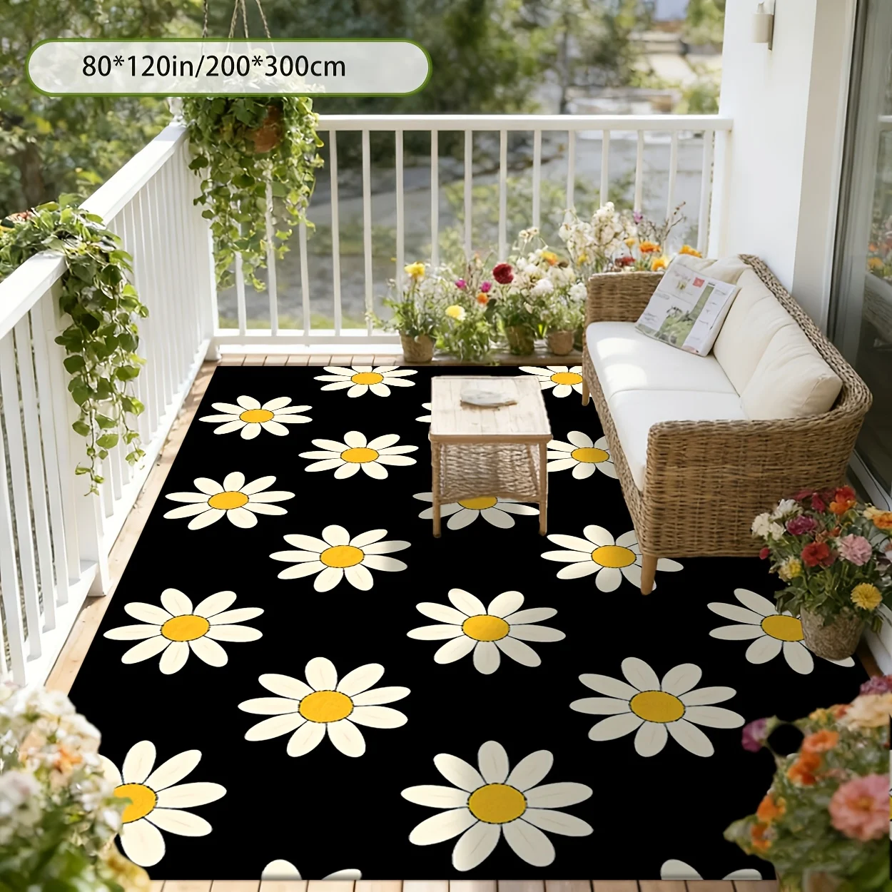 Creative Daisy Print Outdoor Rug, Machine Washable Foldable Floor Mat for Patio, Garden, Poolside and More Scenarios