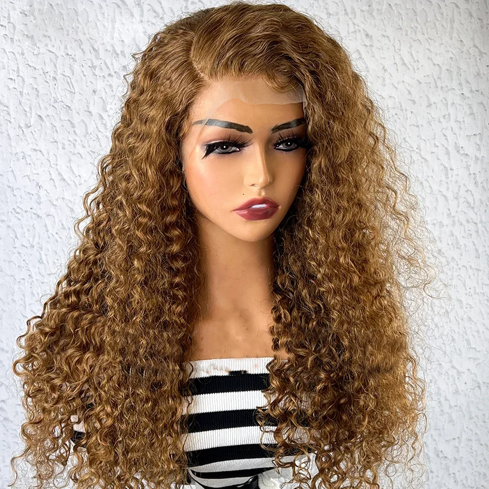 Kinky Curly Lace Front Wig para mulheres negras, mel marrom, cabelo macio do bebê, pré-arrancado, resistente ao calor, Glueless, diariamente, 26 ", 180 Densidade