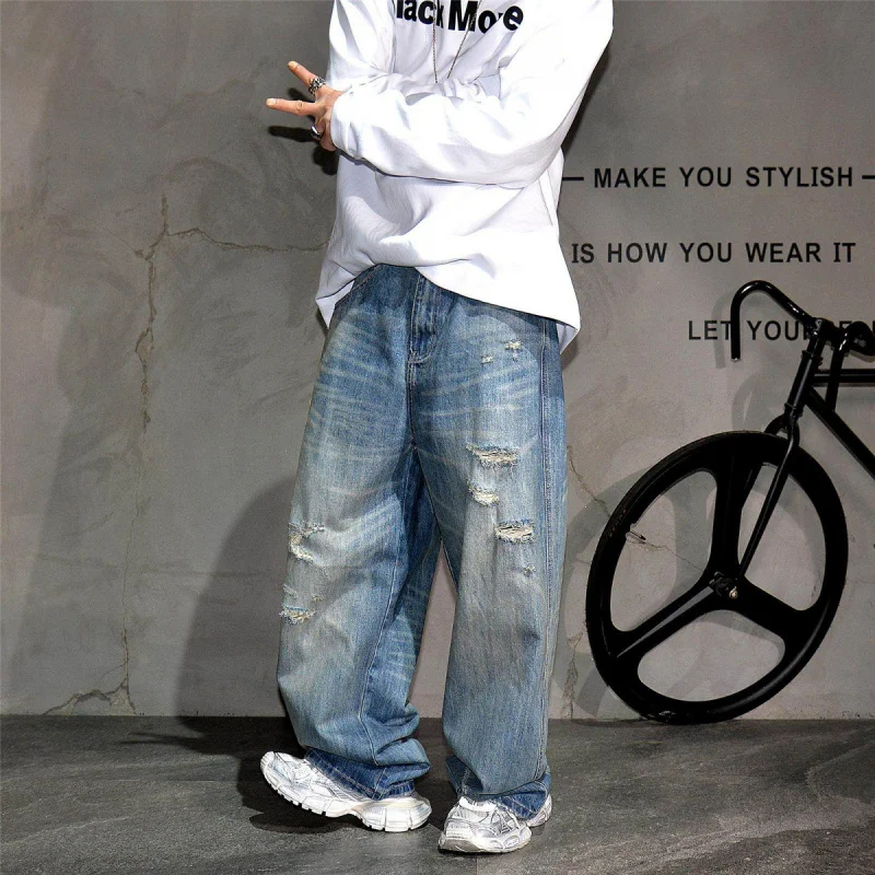 Retro Ripped Loose Straight Jeans, American Style Washed Distressed Plus Size Long Denim Pants