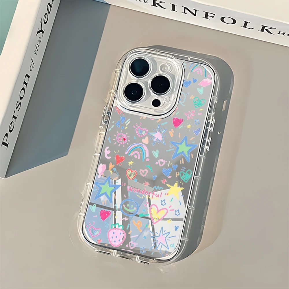 Capa de Celular Espelhada com Estrelas e Corações Coloridos para iPhone 17 Air 16 15 Pro 14 13 12 11 Pro Max 7 8 Plus X XR XS