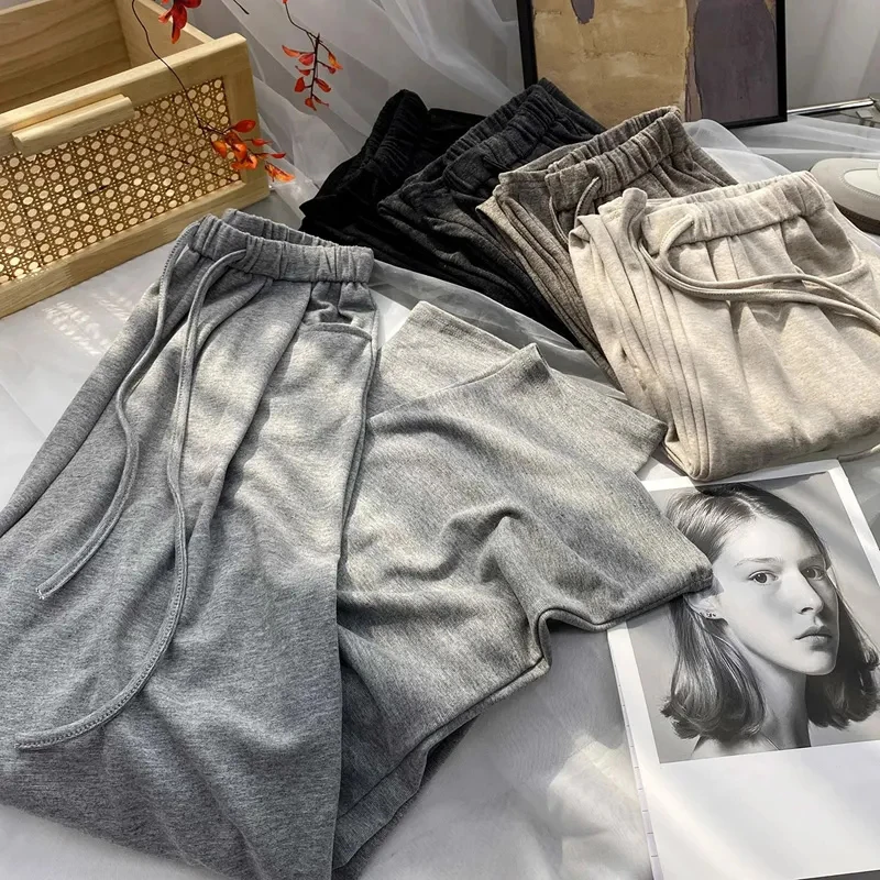 Summer Knit Wide Leg Pants Women Japanese High Waist Drawstring Loose Casual Pants Vintage Streetwear All Match Straight Trouser