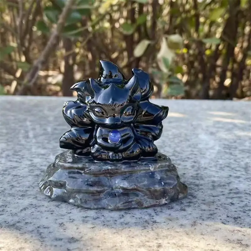 Natural Black Obsidian Yooperlite Nine Tail Fox Fairy Carving Ornament Feng Shui Craft Home Decor Stone Holiday Gift 1pcs