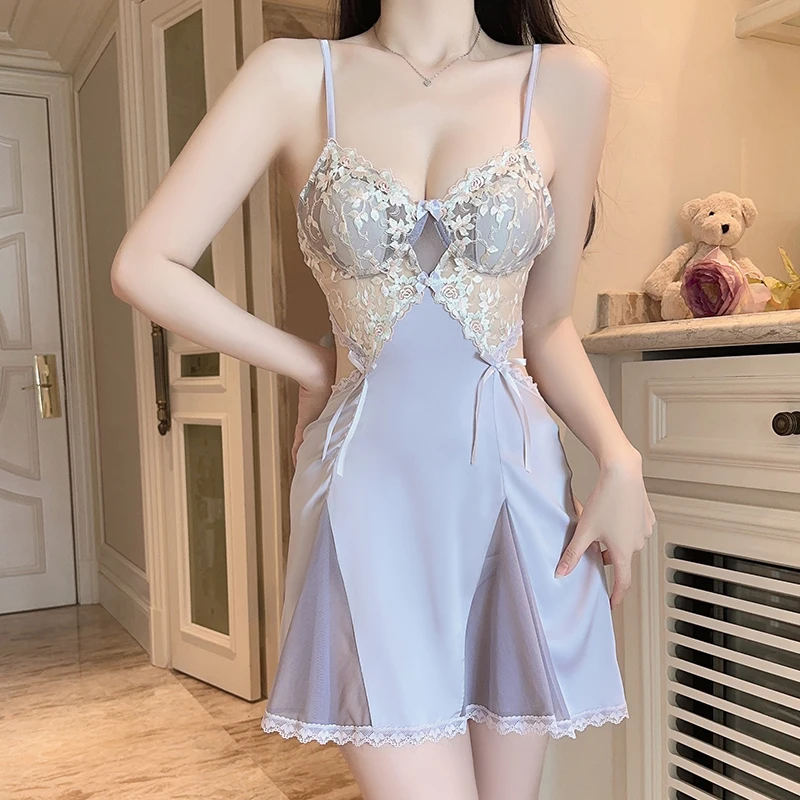 

Flower Embroidery Babydooll Woman Nightwear Women Sexy Lingеrie Night Dress Nightgowns Sleepwear With Chest Pad Nuisette