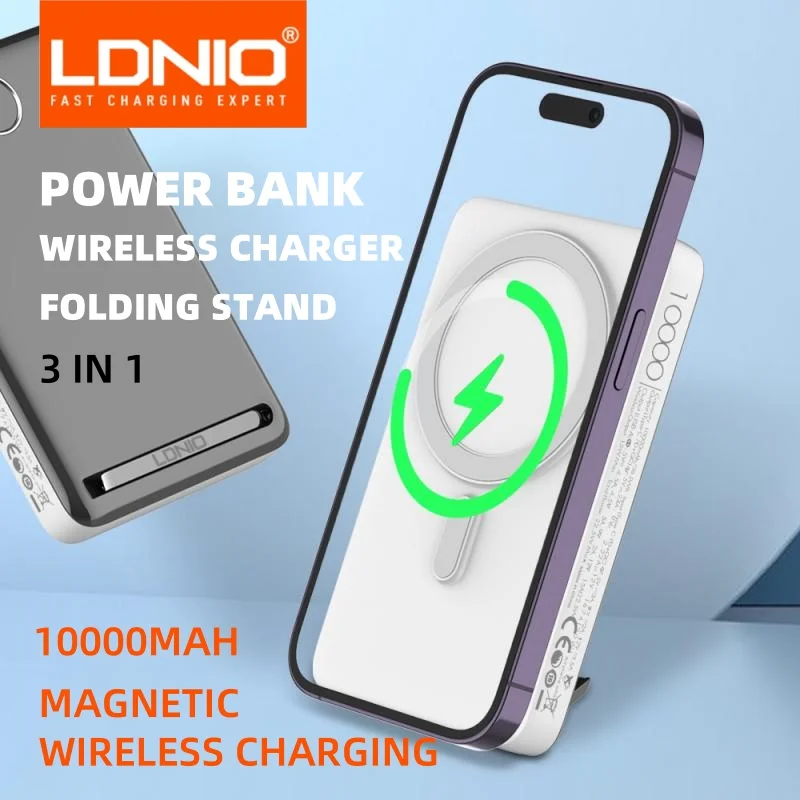 

LDNIO Magsafe Power Bank 10000 Iphone External Battery Portable Wireless Charger Multi Functional Powerbanks with Foldable Stand