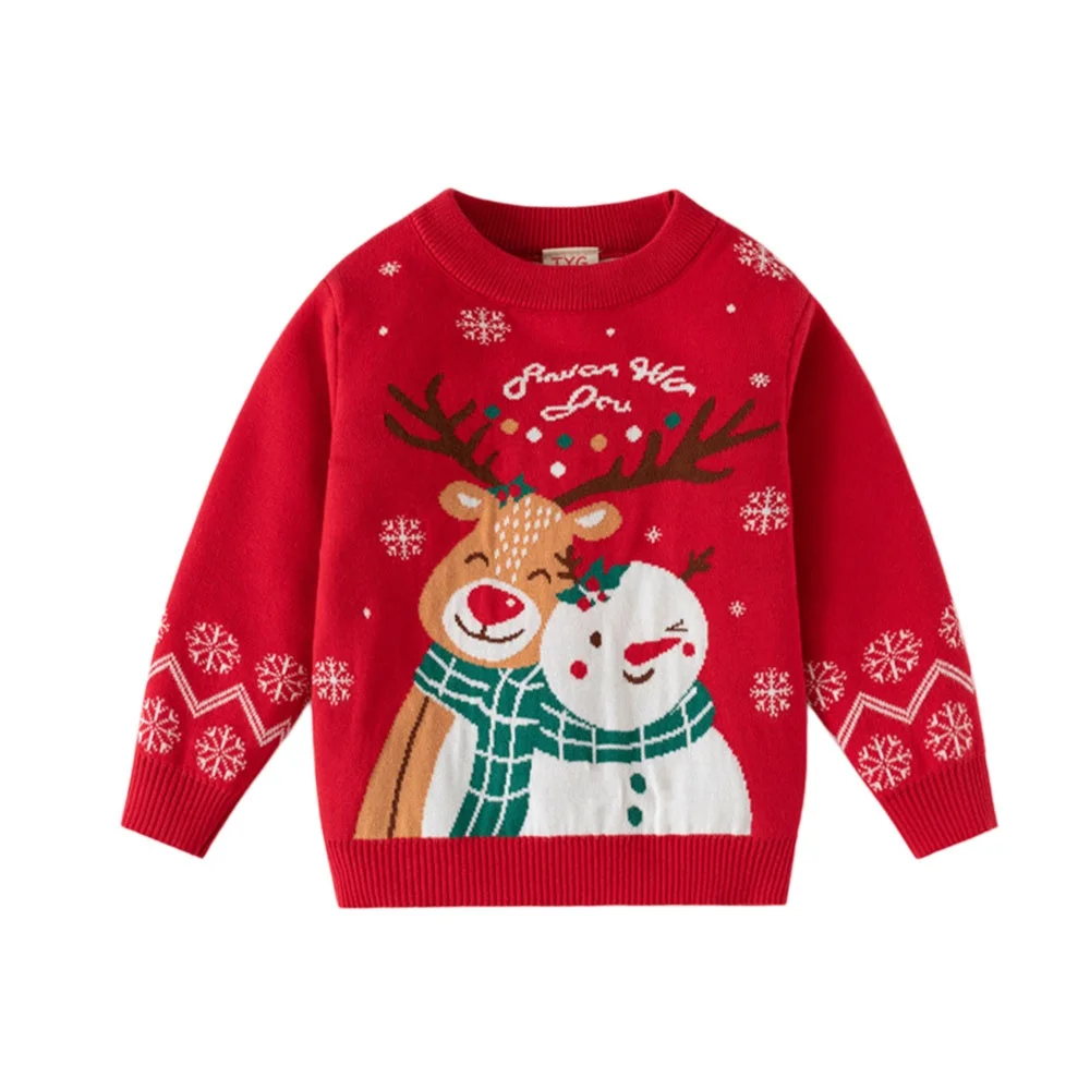 Long Sleeve Pullover Christmas Sweater for Boys Girls Snowman Trees Winter Autumn Streetwear Fashion 3-7T Sizes Available