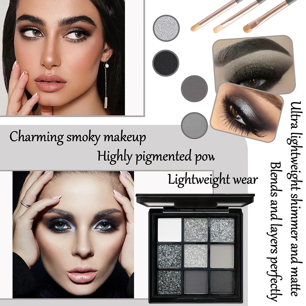 9 Colors Eye shadow Palette, Dark Black Grey Silvery Color Shimmer Matte Finish Smokey Style Stage Party Performance Makeup