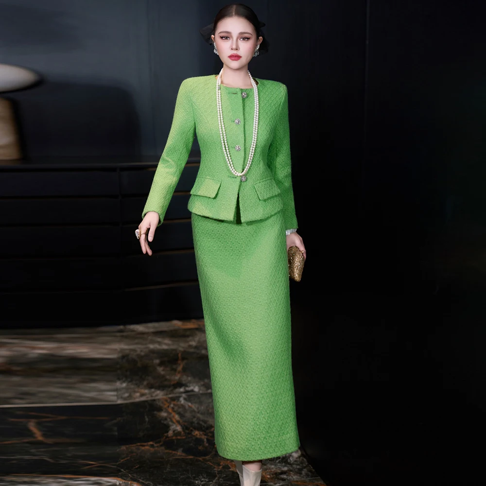 ZJYT أنيقة الخريف الشتاء المرأة سترة صوفية وتنورة دعوى 2 قطعة الزي الأخضر موضة فستان الحفلات مجموعات الملابس النسائية