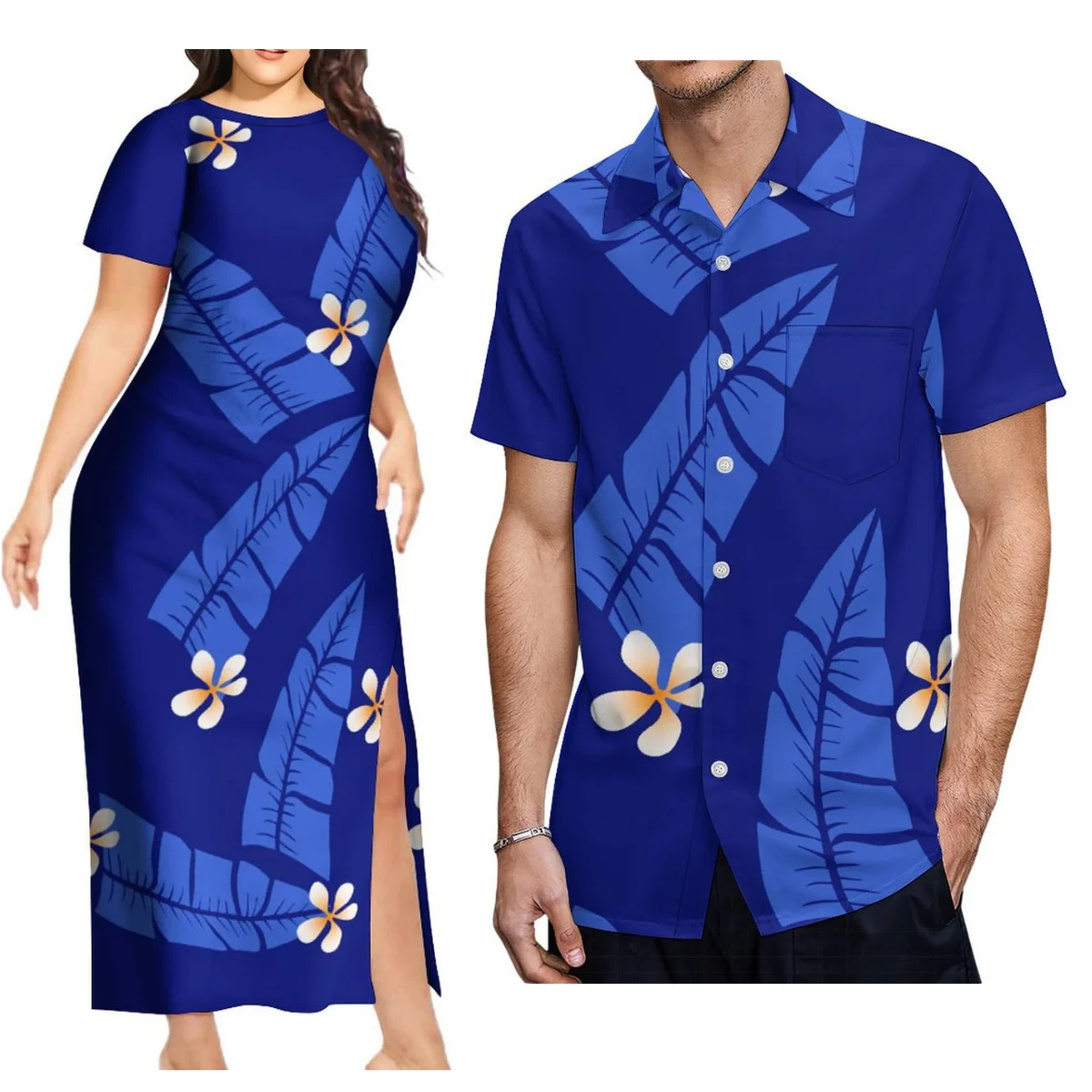 

2024 Summer Pacific Island Art Custom On-Demand Dress Hawaiian Polynesian Short-Sleeved Slit Dress With Men'S Casual Shirt