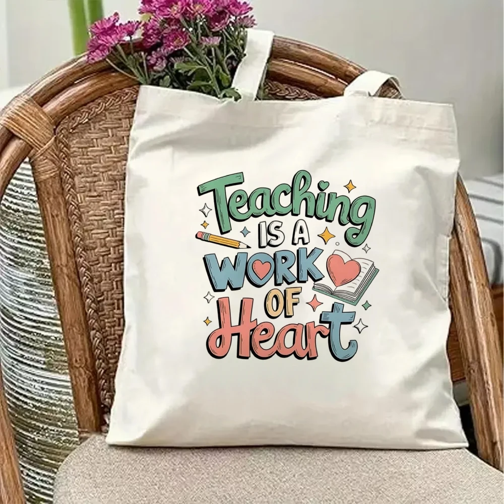Cute Maestra Canvas Tote Bag Retro Spanish Teacher Rainbow Apple Print Reusable Shopping Grocery Shoulder Handbag For Women