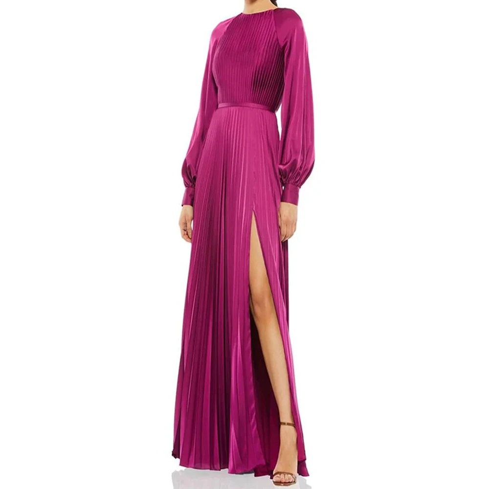

A-line Women's Evening Dresses Floor-length O-neck Full Sleeve Prom Gown Fashion Pleat Simple Draped Casual Customized Gowns