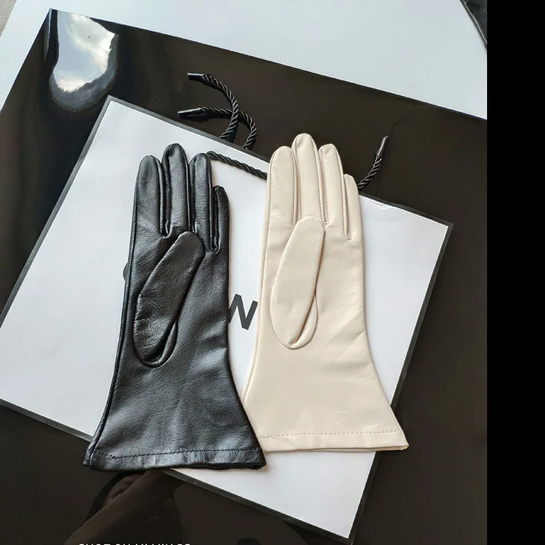 Women's Spring Autumn Natural Sheepskin Leather Wide Sleeve Glove Female Fashion Genuine Leather Touchscreen Driving Glove R2137