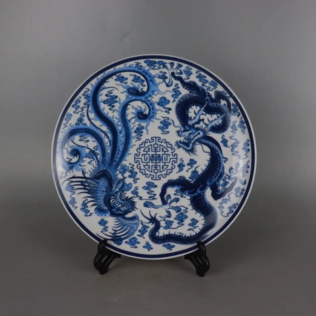 

Dragon and phoenix auspicious blue and white hanging plate antique porcelain home office decoration ornaments