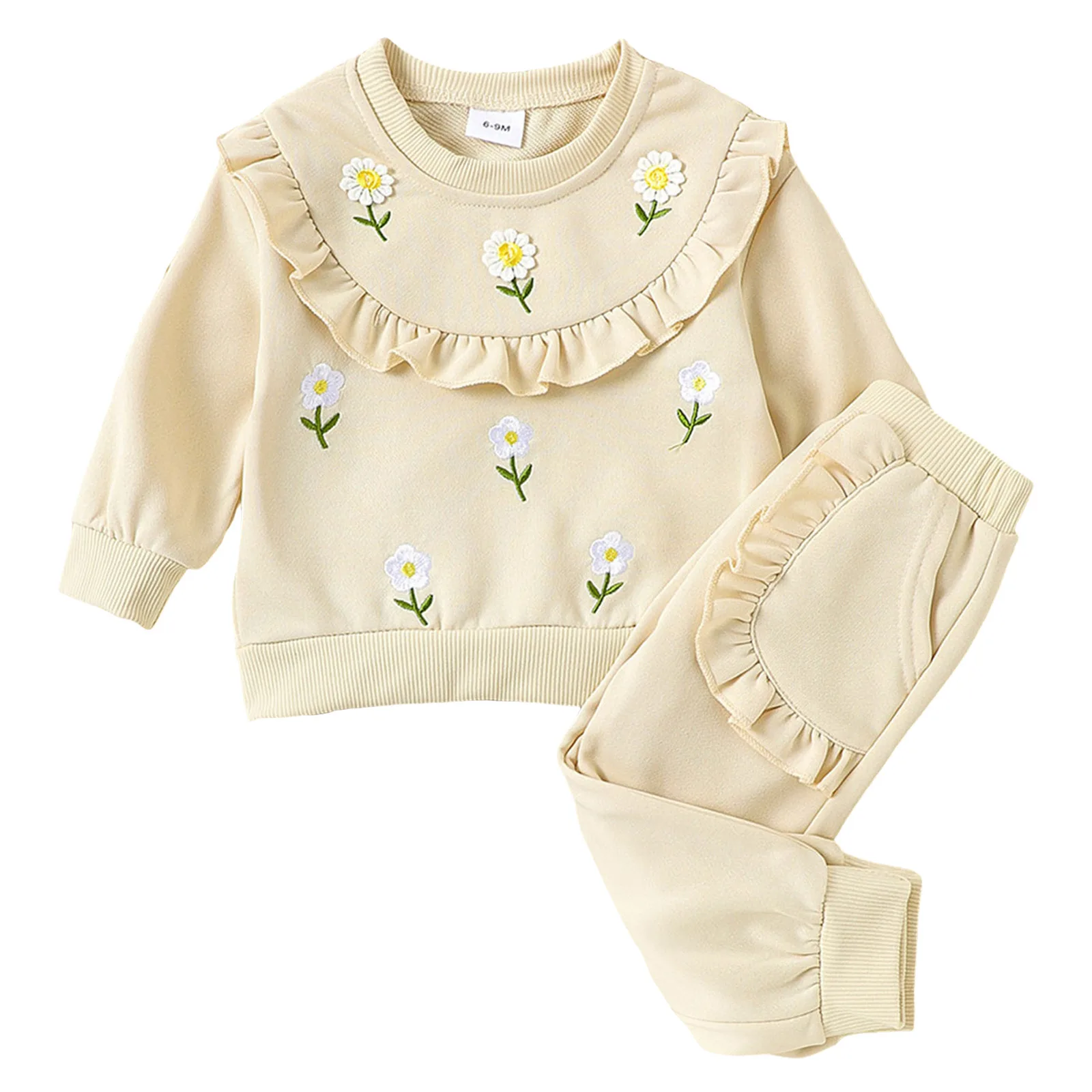 مقاس 4 ملابس بناتي طقم تطريز بناتي بيج مكشكش بأكمام طويلة وسراويل مزخرفة بالدانتيل 3 أشياء #2