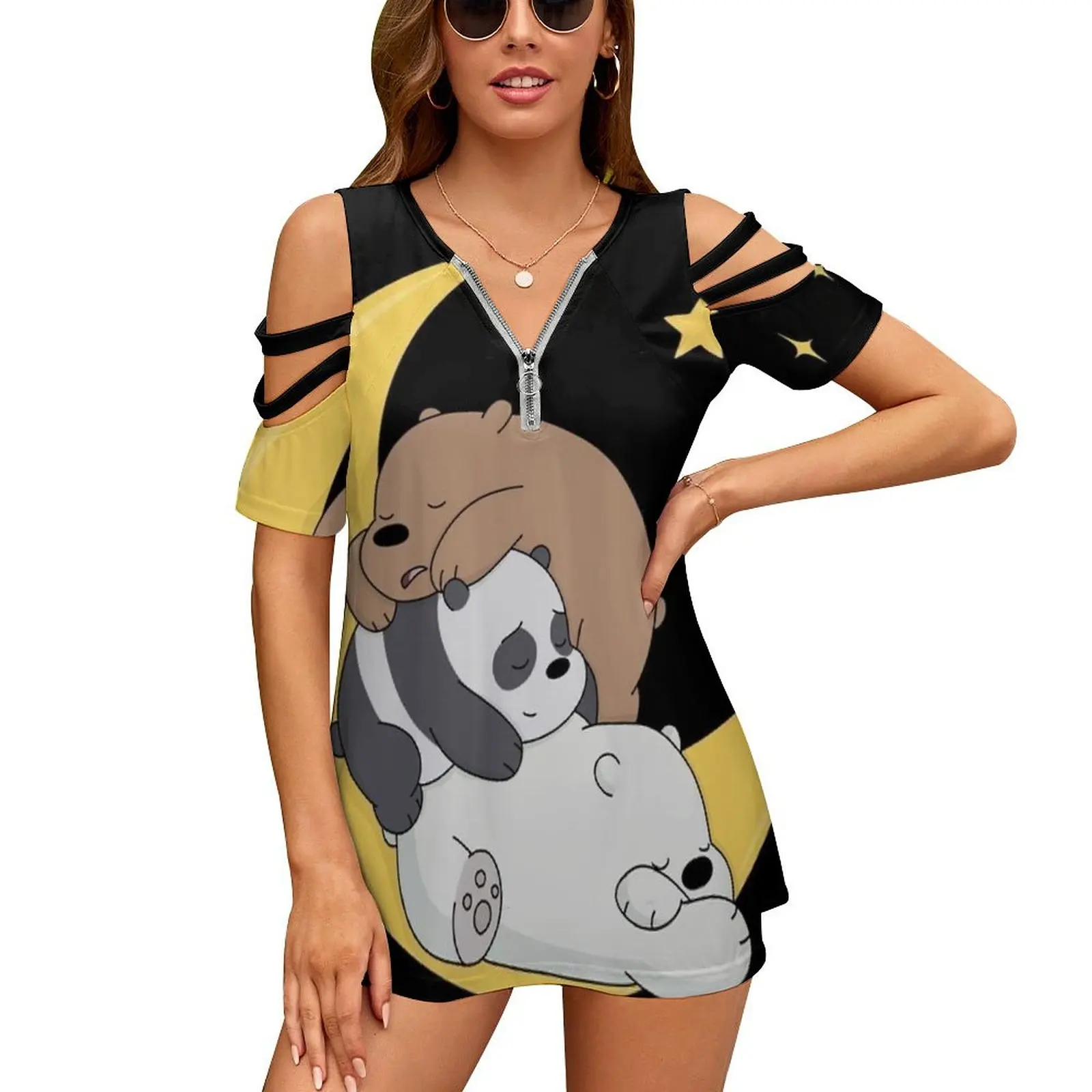 Women Zipper Various styles Printed T Shirts Tops Full Print T-Shirt Cartoon Grizzly Panda Ice Bear The Three Bears Cartoon Kids