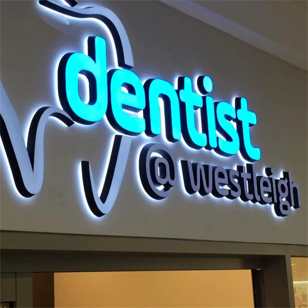 Custom LED Backlit 3D Stainless Steel Metal Graphic Logo Sign Personalized Illuminated Letters For Restaurant Cafe Bistro Bar