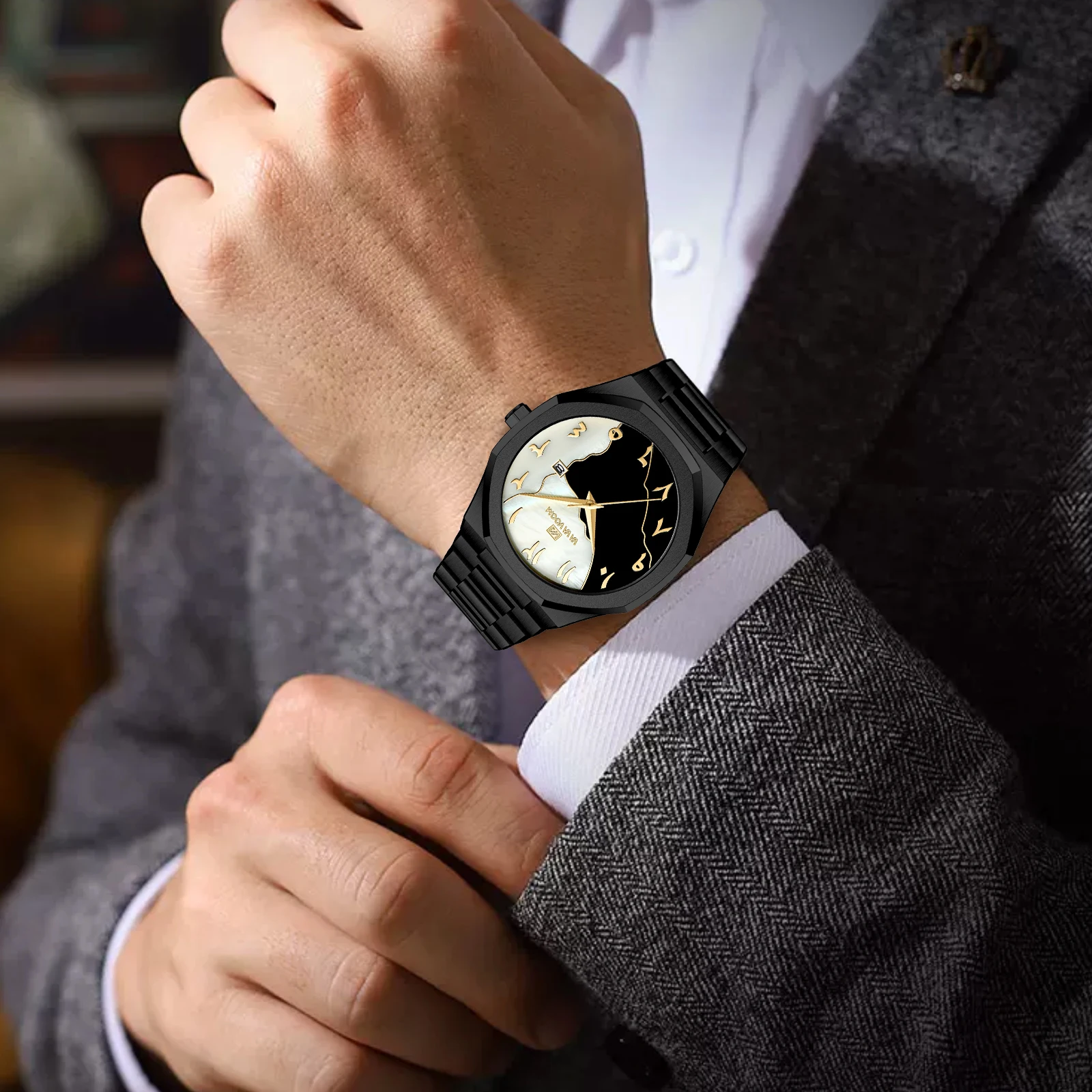 Men Fashion Octagonal Wristwatch Dial Date 3Bar Waterproof Quartz Business Case Two‑Tone Stainless Steel Male Watch Reloj Hombre