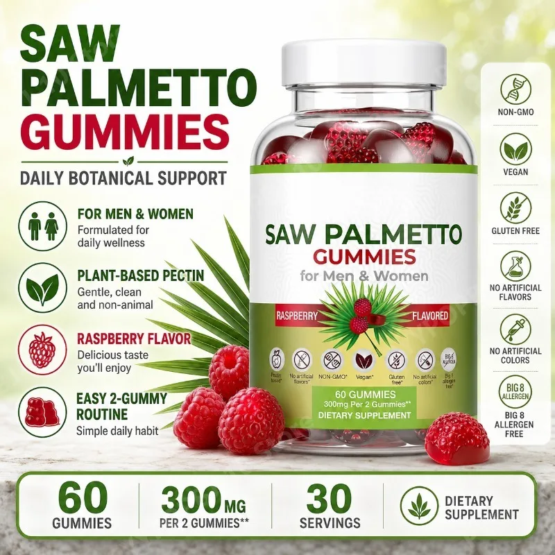 

Saw Palmetto Gummies Daily Botanical Support Plant Based Raspberry Flavored 60 Gummies Non GMO Gluten Free