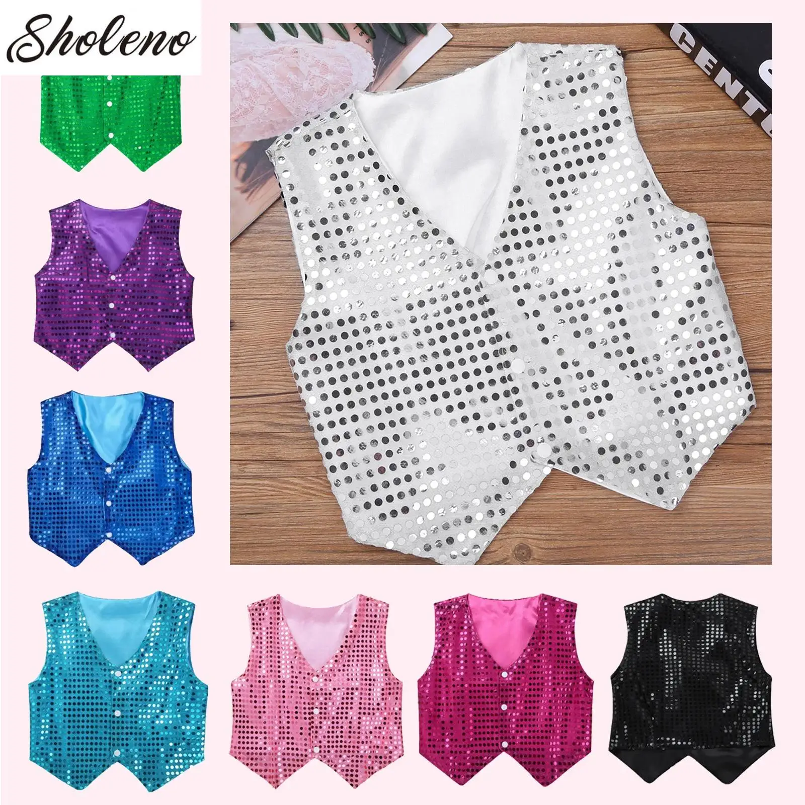 

Boys Girls Sequined Vest Waistcoat Hip-hop Jazz Dance School Party Street Show Costume Kids Choir Stage Performance Clothes