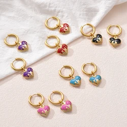 Fashion Stainless Steel Gold Color Heart Pendant Hoop Earrings Woman Red Blue Pink Black Purple Enamel Vintage Earrings Jewelry