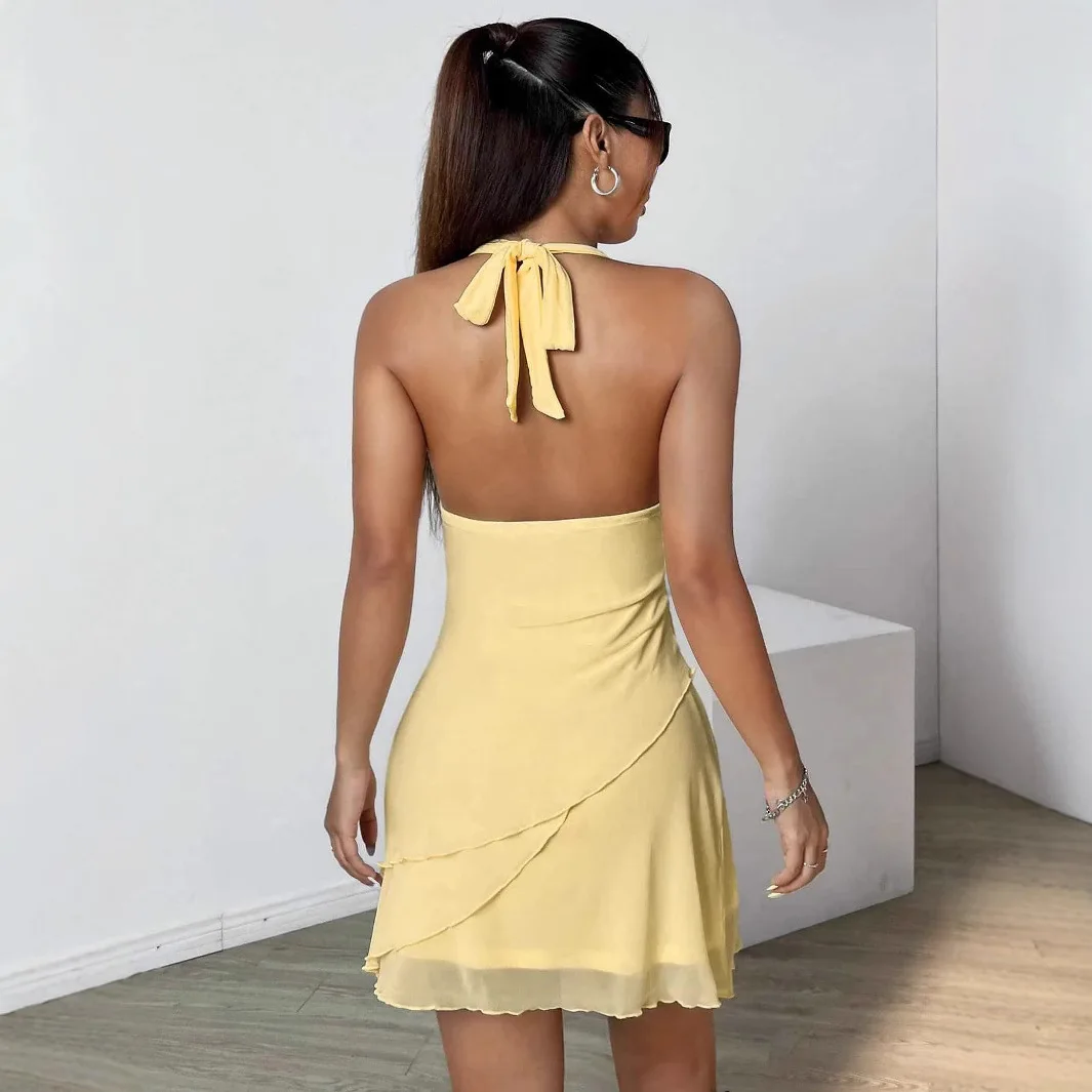 2025TK Amazon Foreign Trade Rock Sexy tiefes V-Ausschnitt-Ausschnitt Spice Girl Low-Cut-Kleid Hellgelber Netzrock