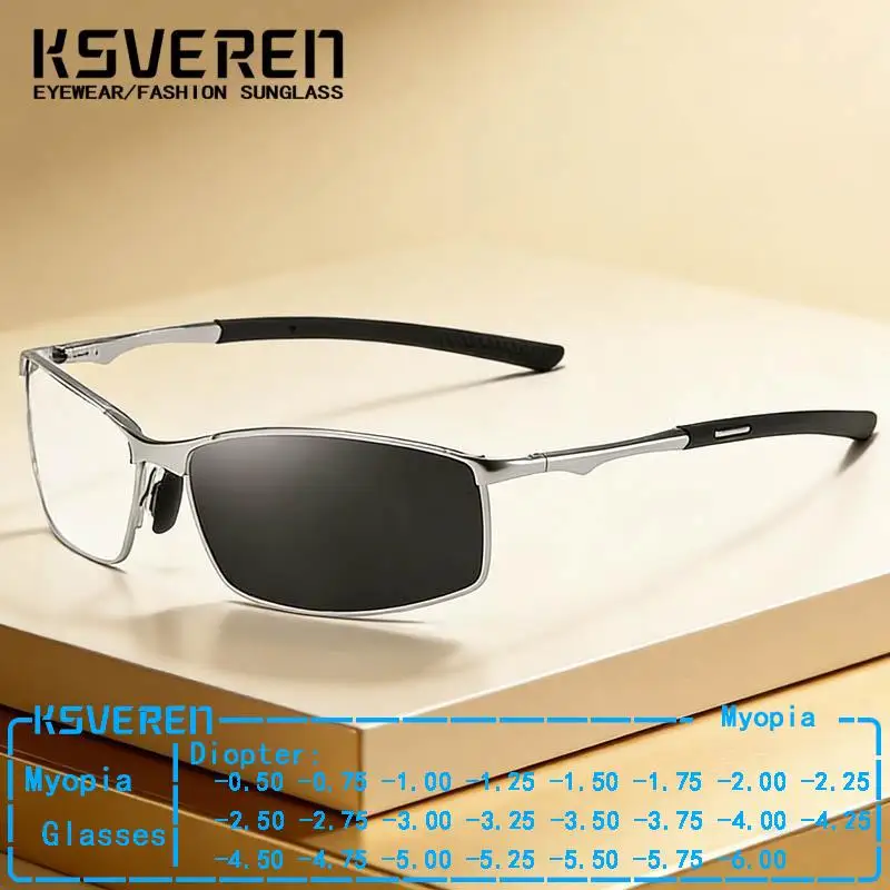 Metal Alloy Frame Photochromic Myopia Eyeglasses Men Trendy Finished‑Prescription Sun‑Activated Color‑Changing Optical Glasses