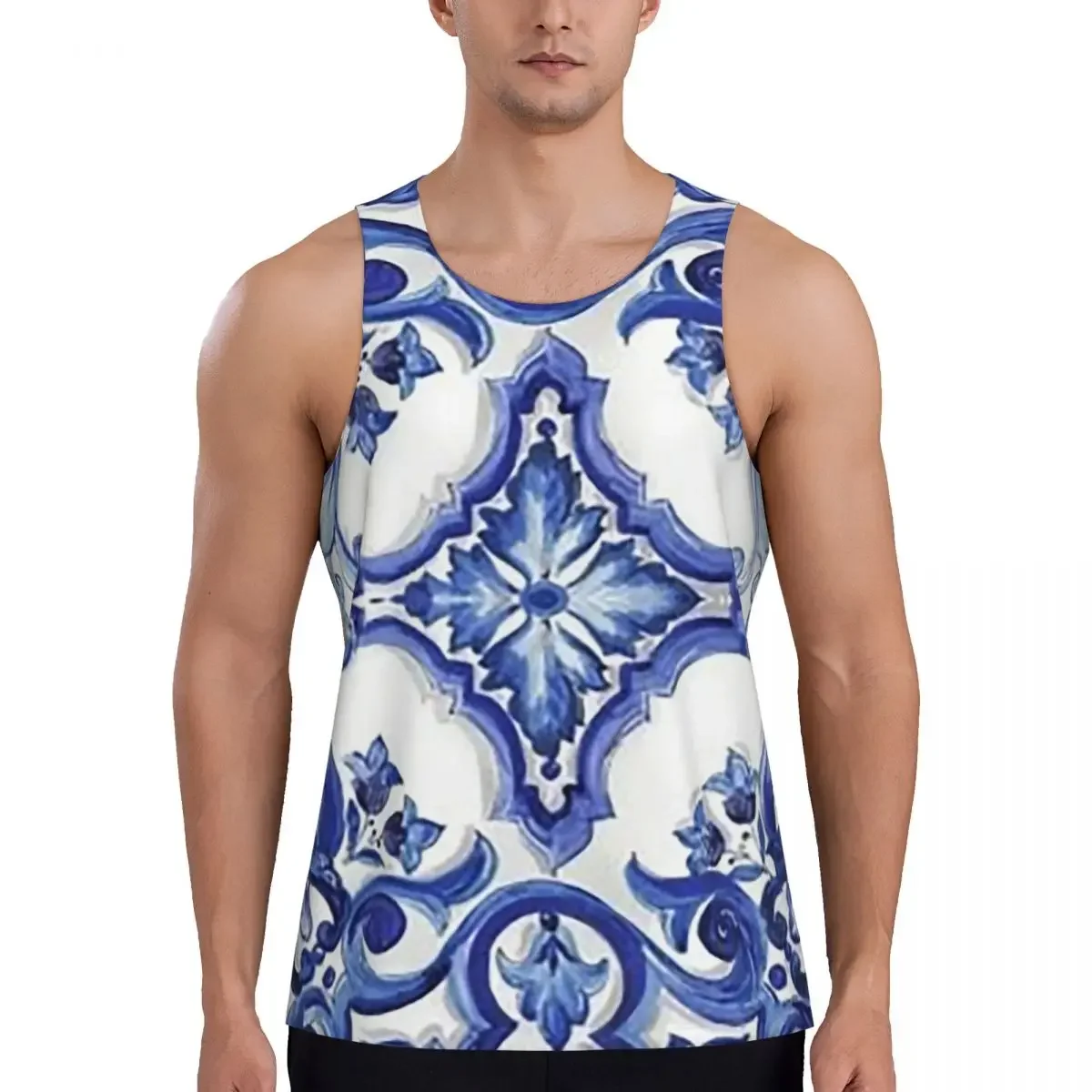 Quick Dry Blue Ornate Floral Mediterranean Sicilian Tile Gym Tank Muscle Sleeveless Shirt Bodybuilding Breathable Vest