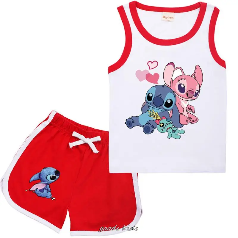 Children Lilo And Stitch Tracksuit Summer Kids Clothes Boy Sleeveless Tops + Shorts Suit Fashion Girls Vest 1-15 Year Old