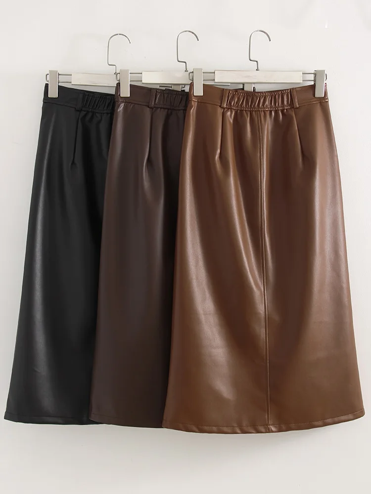 Long Leather Skirts For Women Brown High Quality PU Midi Bodycon Skirt Front Split High Waist Women's Leather Skirt Black Midi