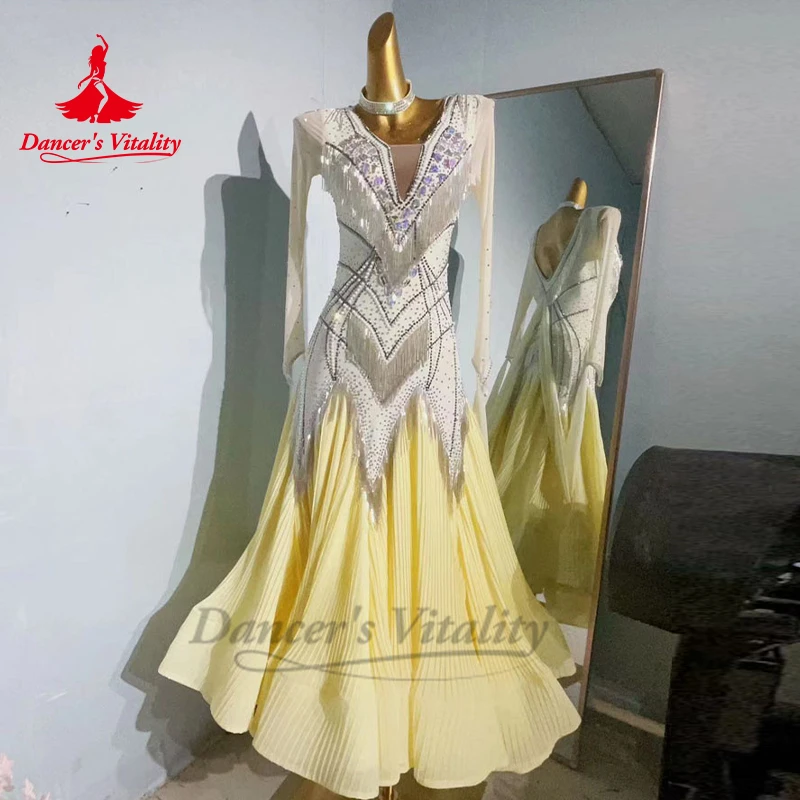 Modern Dancing Performance Dress Costume Senior Spandex Gauze Long Sleeves Competiton Clothing Waltz Social Dancing Dresses