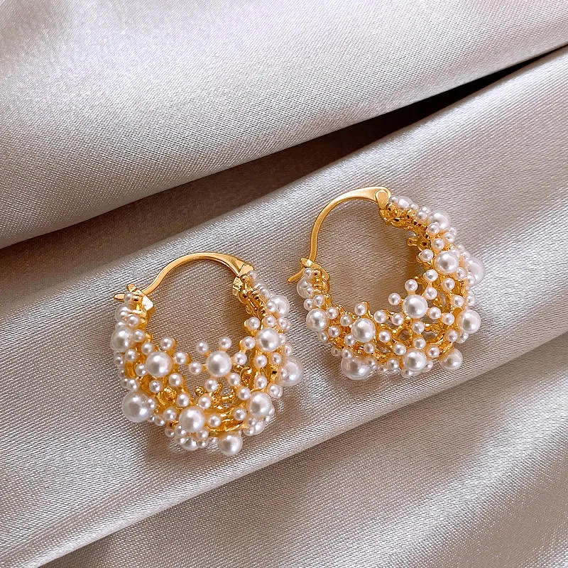 French new design fashion jewelry 14K gold plated U-shaped flower basket Pearl earrings elegant women\'s daily work accessories