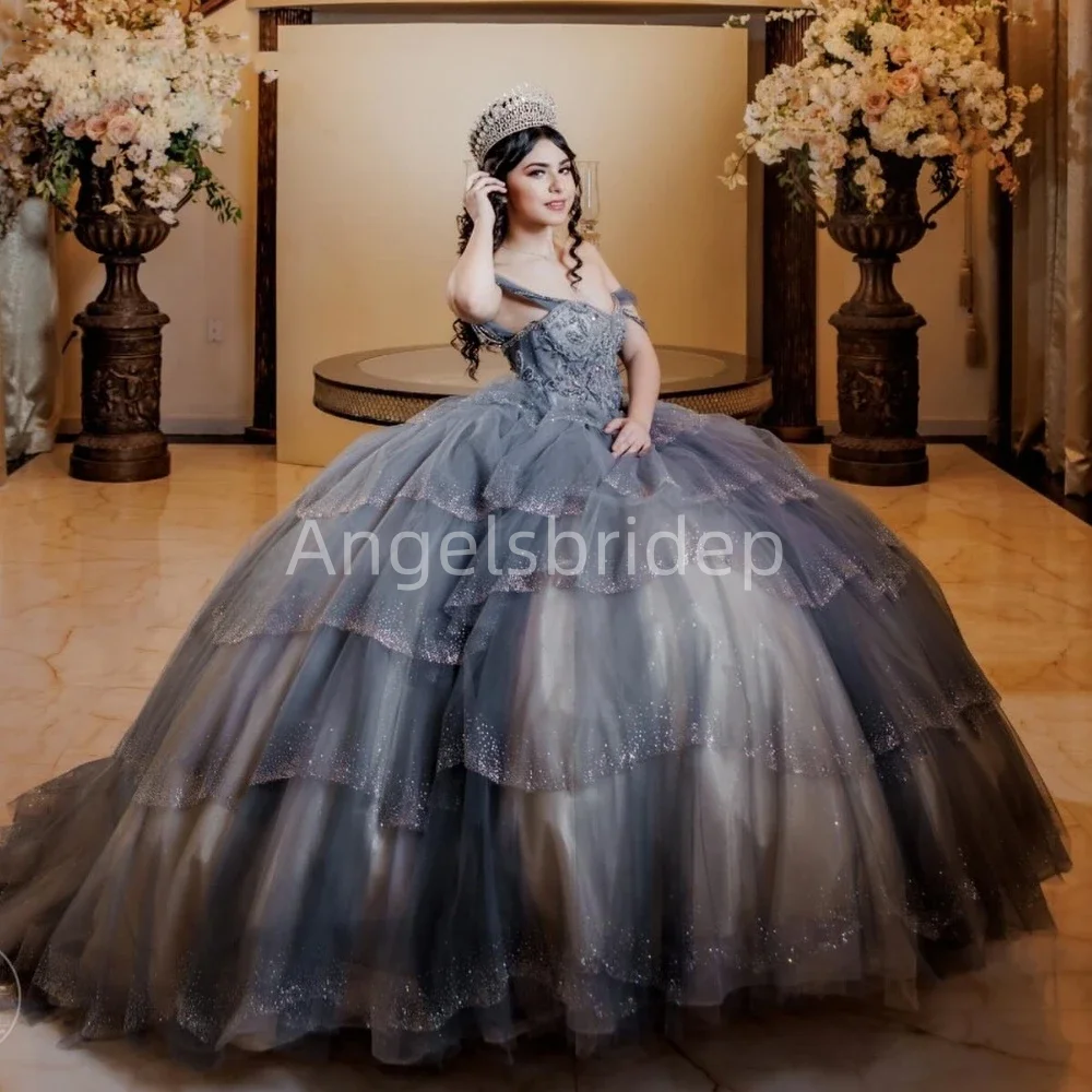 Angelsbride Customized Chic Grey Ball Gown Quinnceanera Dresses Tiered Shiny Applique Beading Evening Party Vestidos De Fiesta