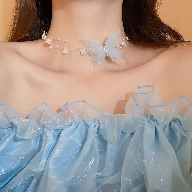 Romantic Butterfly Pearl Tie Bow Necklace Women Luxury Silk Ribbon Sweet Chokers Collarbone Chain Temperament Jewelry Gift Party