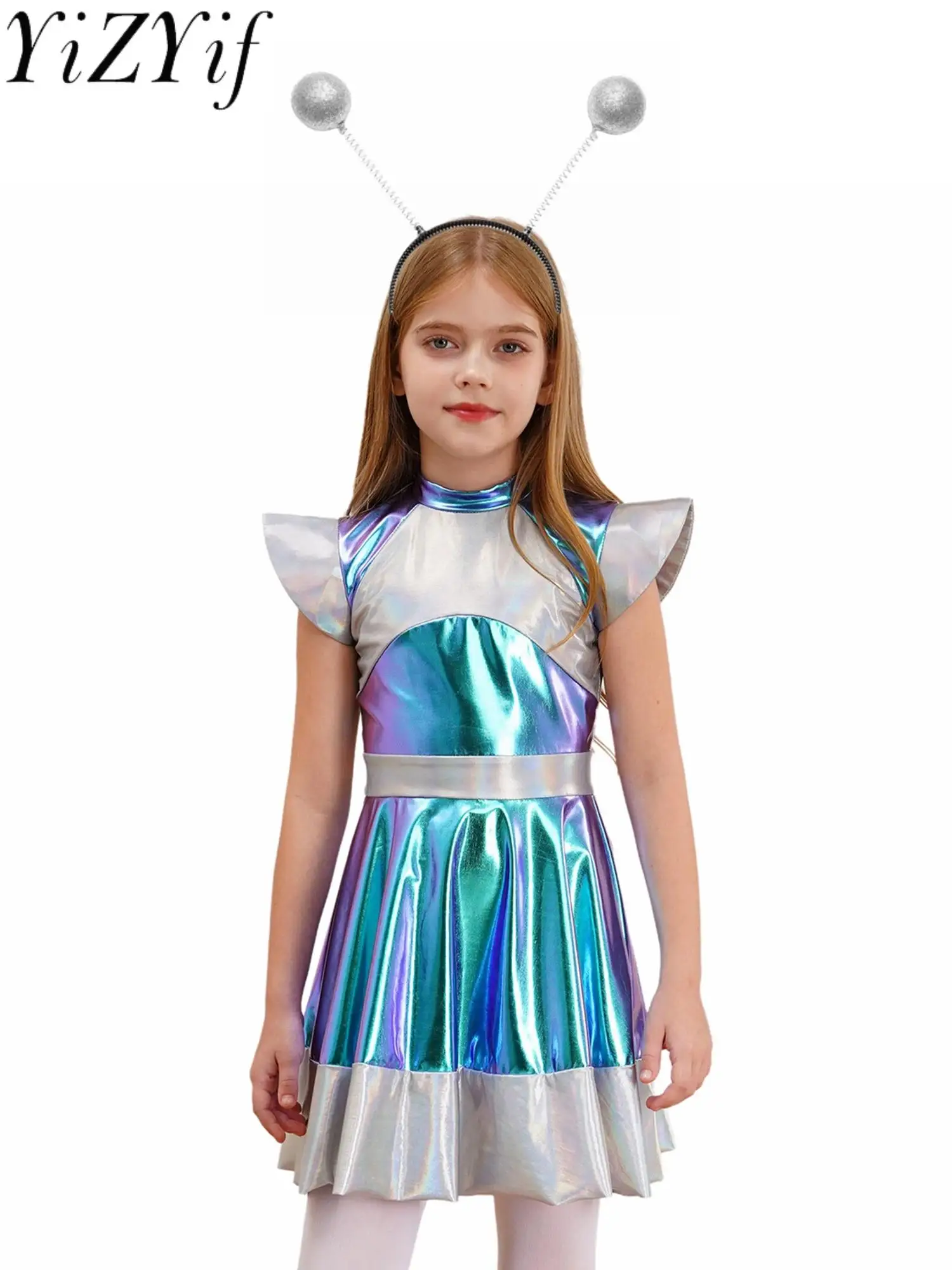 Girls Shiny Alien Outerspace Halloween Cosplay Costume Gradients A Line Tutu Dance Dress Headband Outfit for Future World Party