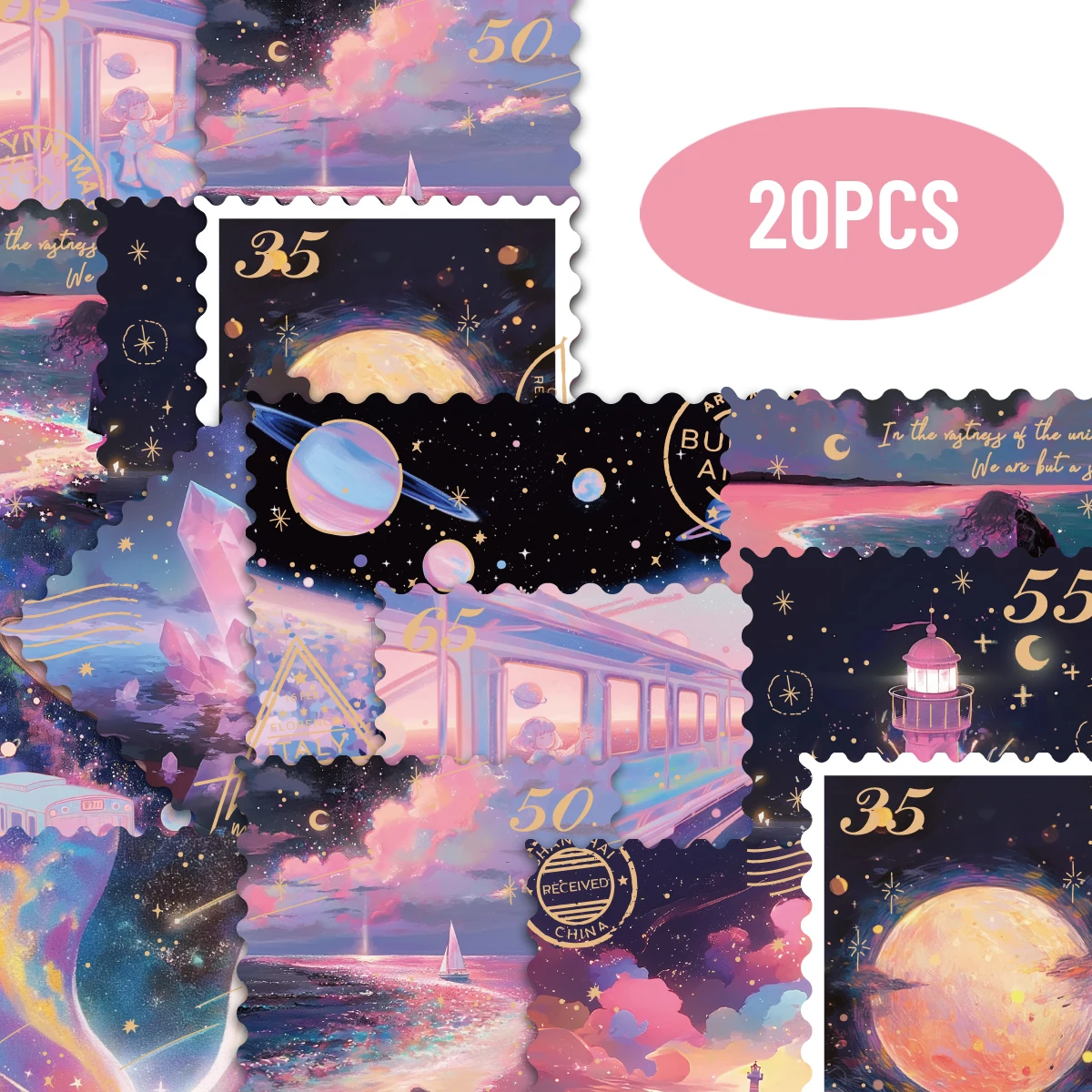 

20pcs Pink Romantic Star and Universe Pattern Stickers for Notebooks, Water Bottles, Gifts, Luggage and Phone Cases, Envelopes