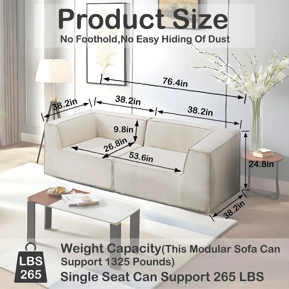 أريكة مقطعية مقاس 76 بوصة من Loveseat مكونة من قطعتين أريكة مكعبة سميكة قابلة للتحويل بمقعدين مقاس 59 بوصة، بدون تجميع موفر للمساحة f